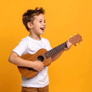 Smiling student playing ukulele during a fun privat lesson in our Metro Vancouver studio