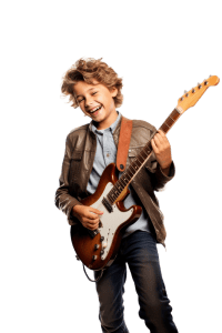 young student enjoing lessons in new west music school while playing bass guitar