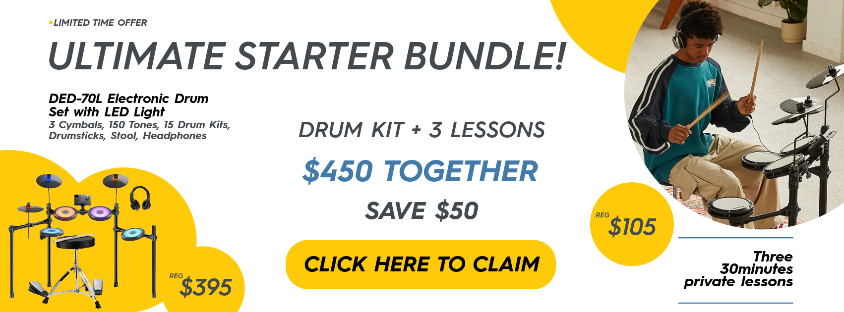 DED-70L Electronic Drum Set with LED Light and 3-Lesson Intro Pack Special Offer